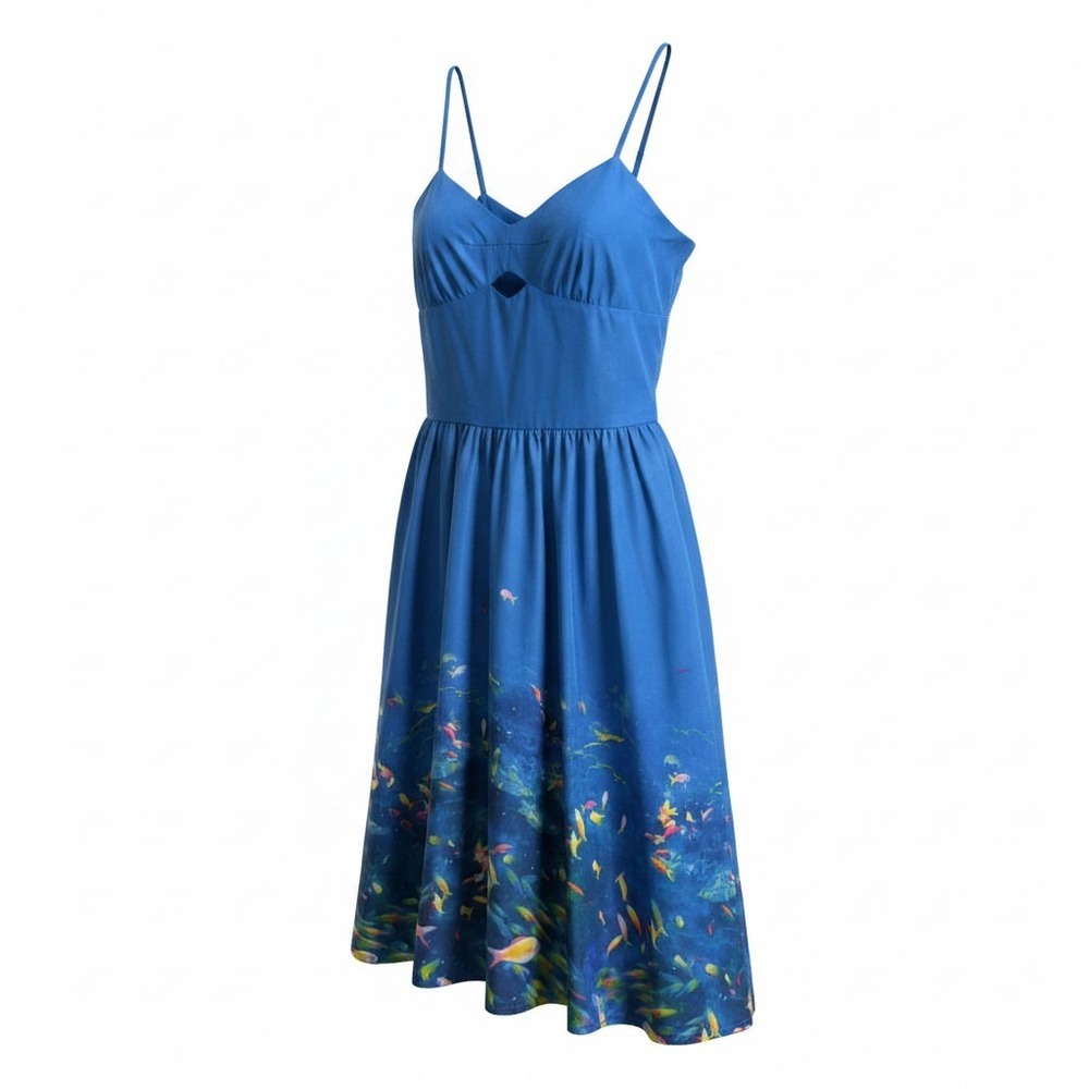 L'Amour Nanette Lepore Dress Womens Small Blue Whimsical Tropical Fish Print